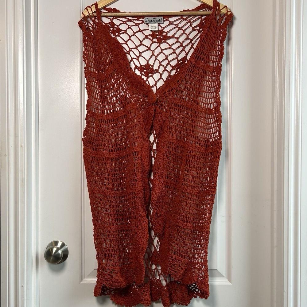 Erica Brooke Vintage Rust Crochet Open Front Duster Cardigan Boho Festival Style